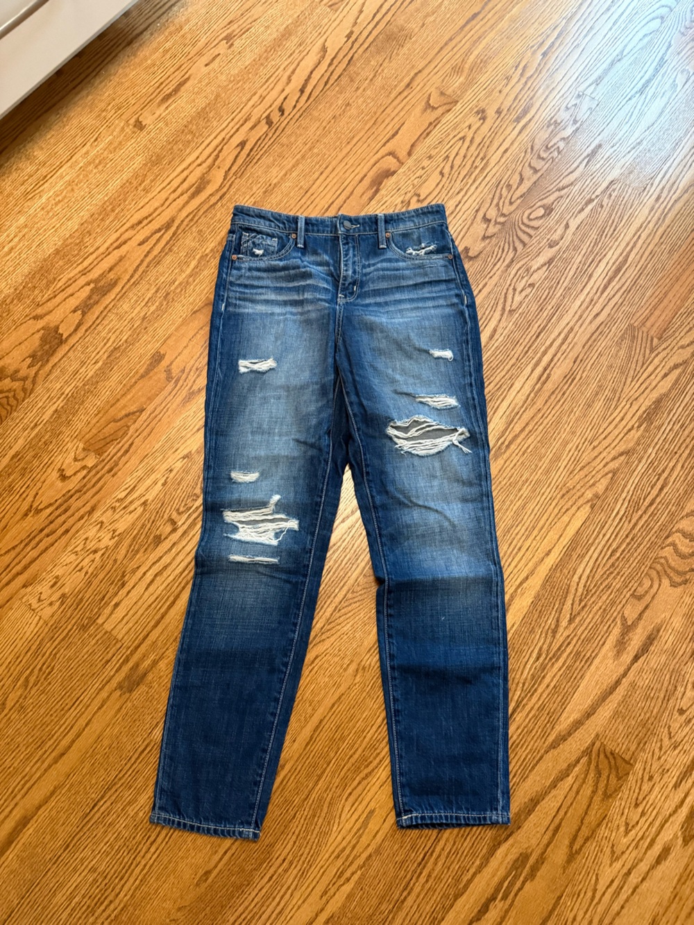 Buckle Distressed Dark Blue Denim Mom Jeans